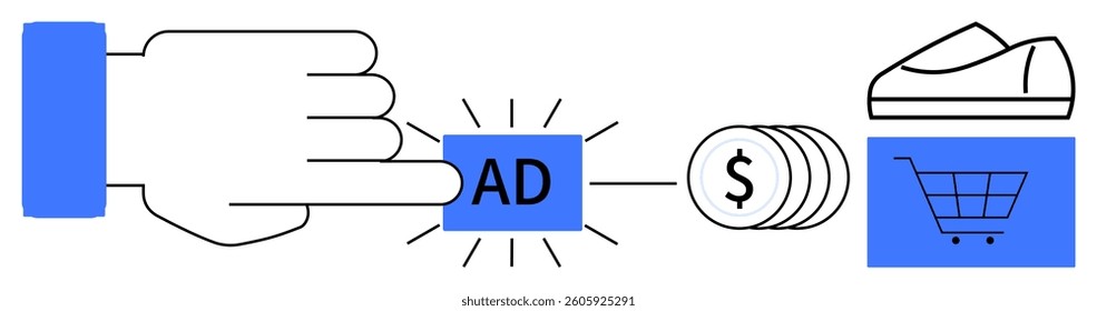 Finger pressing AD button, emitting lines connected to dollar sign, shoe, and shopping cart icon. Ideal for e-commerce, digital marketing, online advertising, consumer behavior, sales strategy