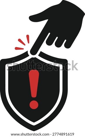 Finger pressing broken shield symbol featuring exclamation mark representing security alert warning risk factor compromised protection system vulnerability and maintenance.