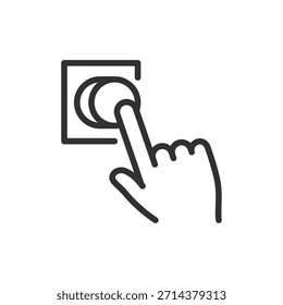 Dedo presionando el Botón, icono lineal. Interacción del usuario y acción de control. Línea con trazo editable.