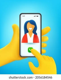 Finger pressing button on modern smartphone. Comic 3d style vector illustration