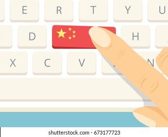 Finger pressing China flag key on computer keyboard