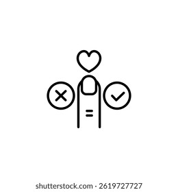 Finger pressing digital approval button with heart in an outline style