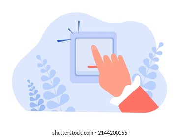 Pulsando el dedo el interruptor o botón eléctrico. Ilustración vectorial plana encendida o apagada por la mano. Ahorro de energía o energía, concepto de electricidad para banner, diseño de sitio web o página de inicio