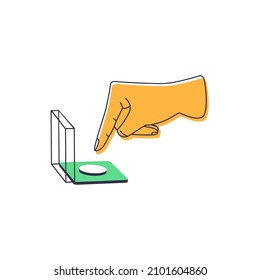 Finger pressing emergency button with open lid. Hand and forefinger pushing it, turning off, stopping and controlling. Colored flat vector illustration isolated on white background