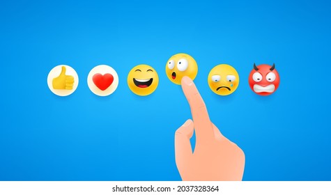 El dedo presionando la reacción emoji en los medios sociales. Emoji impactante. Ilustración vectorial de estilo lindo