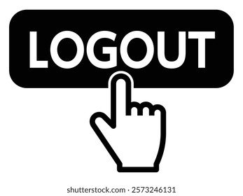 Finger pressing the logout button, vector illustration, "Logout" is written in Japanese