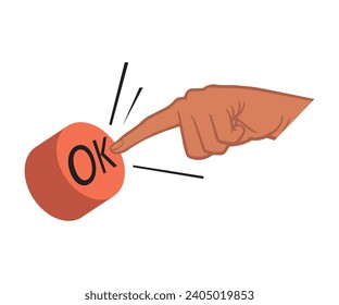 Finger pressing OK button icon. Human hand tapping, clicking Okay, accepting smth. Yes, acceptance, confirmation, approval concept. Flat vector illustration isolated on white background