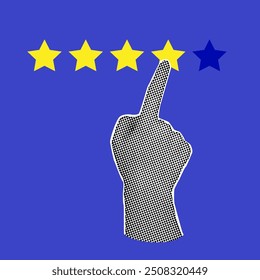 Finger pressing on star. Customer reviews. Trendy Halftone Collage. Online feedback. Contemporary vector illustration art.