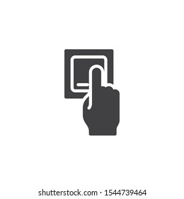 Finger pressing power switch vector icon. Hand turning on the light filled flat sign for mobile concept and web design. Electric control glyph icon. Symbol, logo illustration. Vector graphics