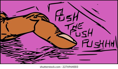 Finger pressing. Push. Trash style illustration. Full color. Lilac background.