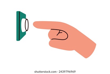 Finger pressing, pushing, clicking, tapping, pointing at wall button. Hand ringing doorbell, calling door bell. Switching, turning off action. Flat vector illustration isolated on white background