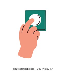 Finger pressing, pushing, clicking wall button. Hand switching on and off light dimmer, control. Ringing doorbell. Calling with door bell. Flat vector illustration isolated on white background svg