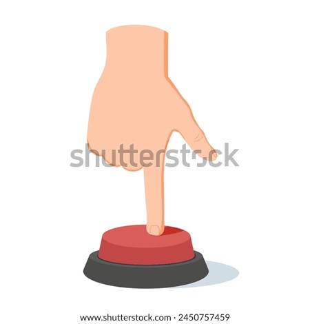 Finger pressing, pushing emergency button. Hand turning on and off, starting and stopping, calling for help. Clicking, switching action. Flat graphic vector illustration isolated on white background