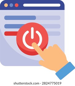 Finger pressing red power button on computer browser window