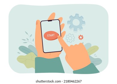Dedo pulsando el botón de inicio en la ilustración del vector plano del teléfono. Persona que ejecuta la aplicación móvil. Conexión, Internet, dispositivo, concepto de interfaz para banner, diseño de sitio web o página web de inicio