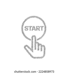 Finger pressing start button sketch icon. Hand pushing button