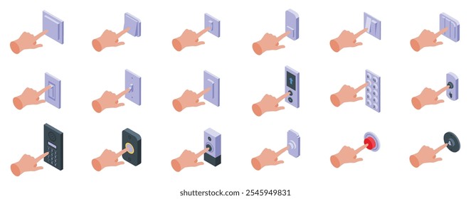 Finger drücken Wand-Taste Symbole gesetzt. Isometrische Symbole zeigen Hände, die mit einer Reihe von Schaltern, Tasten, Tastaturen und Bedienfeldern interagieren und so die Aktivierung und Steuerung durch den Benutzer symbolisieren