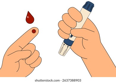 Finger prick for blood glucose testing using a lancet device. Scene of diabetes self-testing. Blood drop shown for glucose monitoring. Concept of diabetes mellitus, chronic illness and healthcare.