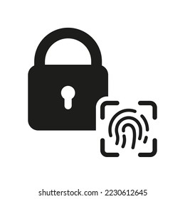 Finger Print Biometric Identification with Padlock Silhouette Icon. Lock with Fingerprint ID Glyph Pictogram. Scan Unique Thumbprint Icon. Safety Privacy. Isolated Vector Illustration.