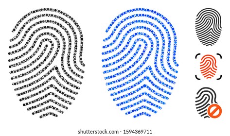 Finger print composition of round dots in different sizes and color tinges, based on finger print icon. Vector round dots are composed into blue mosaic.