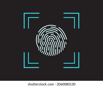 Finger print. Fingerprint on scan. Biometric scanner for identification and security. Icon of thumbprint of identity on digital screen. Personal imprint thumb for id verification. Data system. Vector.