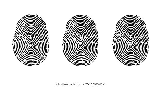 Finger print id authentication symbol set. A detailed black ink fingerprint on a clean white background.

