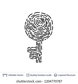 Finger print in key shape isolated on white. Black fingerprint identification secure symbol. Vector illustration.