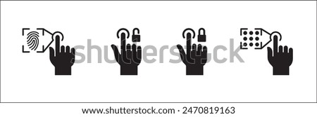 Finger print lock touch icons. Pattern screen lock unlock symbol. Finger touch screen gesture icon set. Vector stock icon isolated on white. Graphic design for button template and illustration.