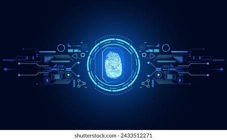 finger print On a blue background, digital background, hi-tech, hud, interface, modern blue abstract concept, fingerprint scanning, hologram, identity verification