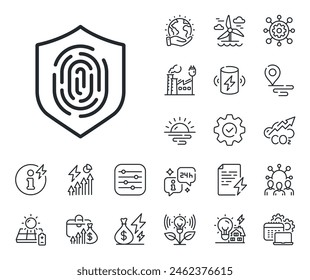 Fingerabdruck-Schutzzeichen. Energie-, CO2-Abgas- und Sonnenkollektorensymbole. Symbol für Fingerabdruckzeile. Symbol für biometrische Identität. Fingerabdruck-Zeilenzeichen. Eco Elektro- oder Windkraft-Symbol. Vektorgrafik