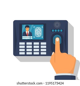 Finger print scan. Authorization in security system. Human hand scanning finger. Access control. Vector illustration flat design. Isolated on white background. Identification of person.