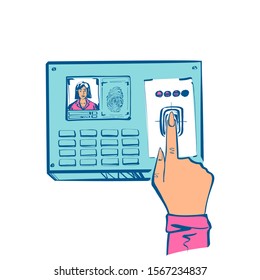 Finger print scan. Authorization in security system. Woman hand scanning finger. Access control. Vector illustration sketch design. Isolated on white background. Identification of person.