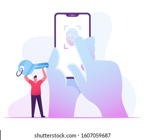 Análisis de impresión de dedo, autorización en el sistema de seguridad. Dedo de escaneo de mano humana en la pantalla de Smartphone, hombre portando una enorme llave para el control de acceso. Identificación de la ilustración del vector plano de dibujos animados personales