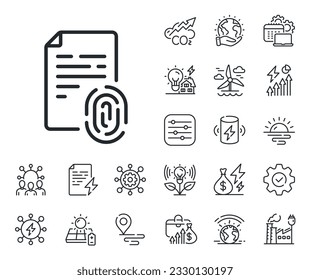 Finger print scan sign. Energy, Co2 exhaust and solar panel outline icons. Fingerprint document line icon. Biometric identity symbol. Fingerprint line sign. Eco electric or wind power icon. Vector