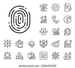 Finger print scan sign. Energy, Co2 exhaust and solar panel outline icons. Fingerprint line icon. Biometric identity symbol. Fingerprint line sign. Eco electric or wind power icon. Vector