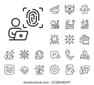 Signo de escaneo de huellas dactilares. Iconos de contorno de energía, escape de Co2 y panel solar. Icono de línea de huella digital de computadora. Símbolo de identidad biométrica. Signo de línea de huella digital de computadora. Vector