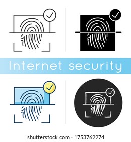 Icono de escáner de impresión de dedo. Identificación del usuario. Proceso de autorización y verificación. Bloqueo digital. Acceso electrónico. Estilos de color negras y RGB lineales. Ilustraciones vectoriales aisladas