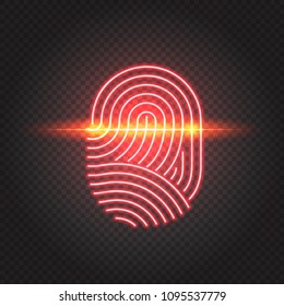 Finger print scanning identification system. Biometric authorization, business security and personal data protection concept. Vector touch ID neon icon