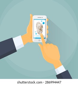 Finger Print Smart Phone Access Lock, Business Man Touch Screen Fingerprint Hands Scan Security Flat Vector Illustration