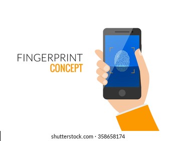 Finger Print Smart Phone Access Lock, Business Man Touch Screen Fingerprint Hands Scan Security Flat Vector Illustration