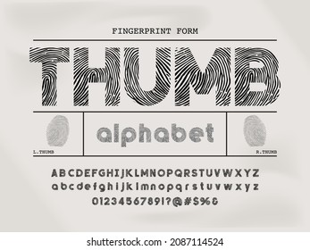 Finger print style alphabet design with uppercase, lowercase, numbers and symbols