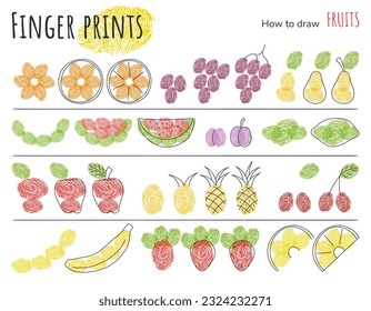 Finger prints art. Fruits set. Scheme for drawing.