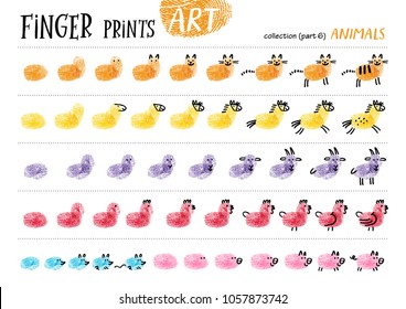 Finger prints art. The step-by-step instruction teaches your kids how to make different farm animals. Collection in vector. Animals. Part 6.