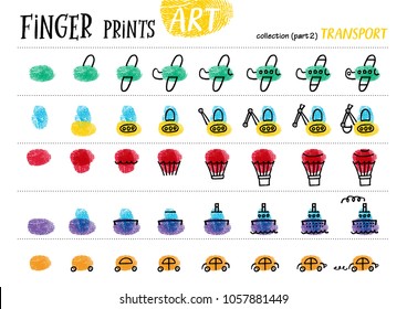 Finger prints art. The step-by-step instruction teaches your kids how to make different modes of transport. Collection in vector. Transport. Part 2.