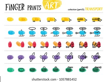 Finger prints art. The step-by-step instruction teaches your kids how to make different modes of transport. Collection in vector. Transport. Part 3.