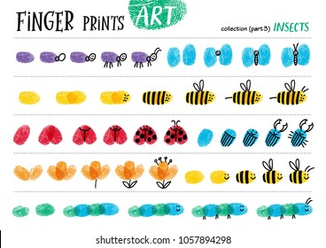 Finger prints art. The step-by-step instruction teaches your kids how to make cute insects. Collection in vector. Insects. Part 3.