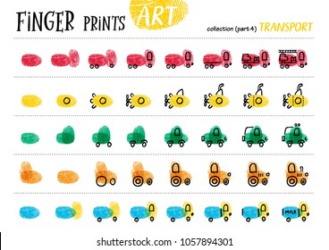 Finger prints art. The step-by-step instruction teaches your kids how to make different modes of transport. Collection in vector. Transport. Part 4.