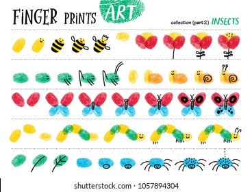 Finger Prints Art. The Step-by-step Instruction Teaches Your Kids How To Make Cute Insects. Collection In Vector. Insects. Part 2.