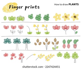 Finger prints art. The task for kids how to make different Plants.