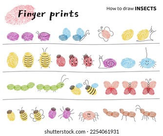 Finger prints art. Task for kids how to make different Insects.